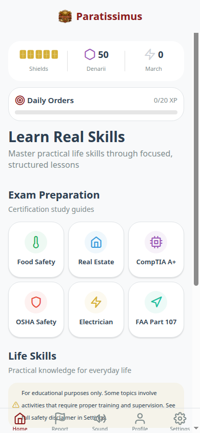 Paratissimus home screen showing all 6 certification prep courses and life skills