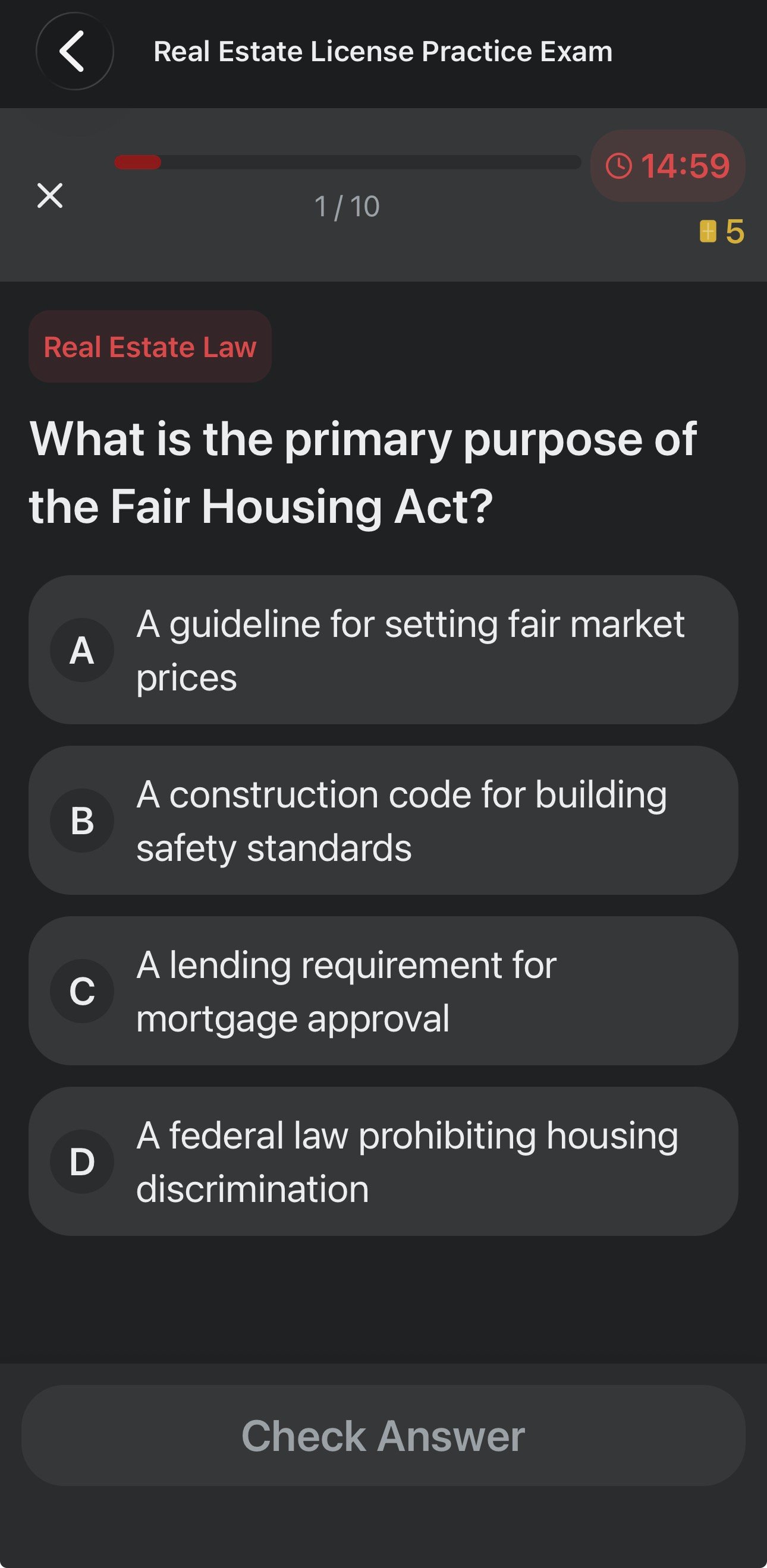 Real Estate License timed practice exam question (dark theme)