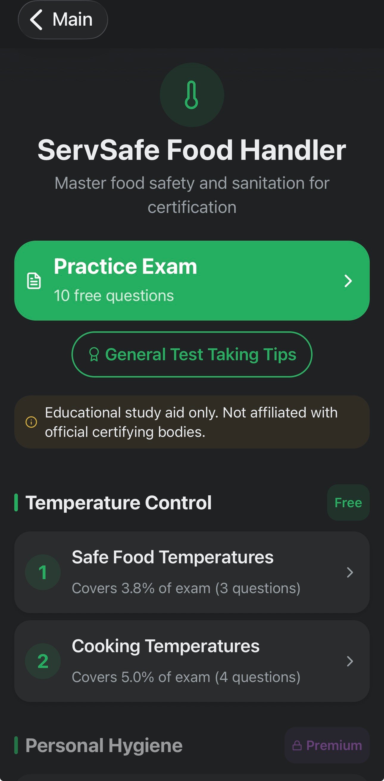 ServSafe Food Handler course with practice exam and lesson structure (dark theme)
